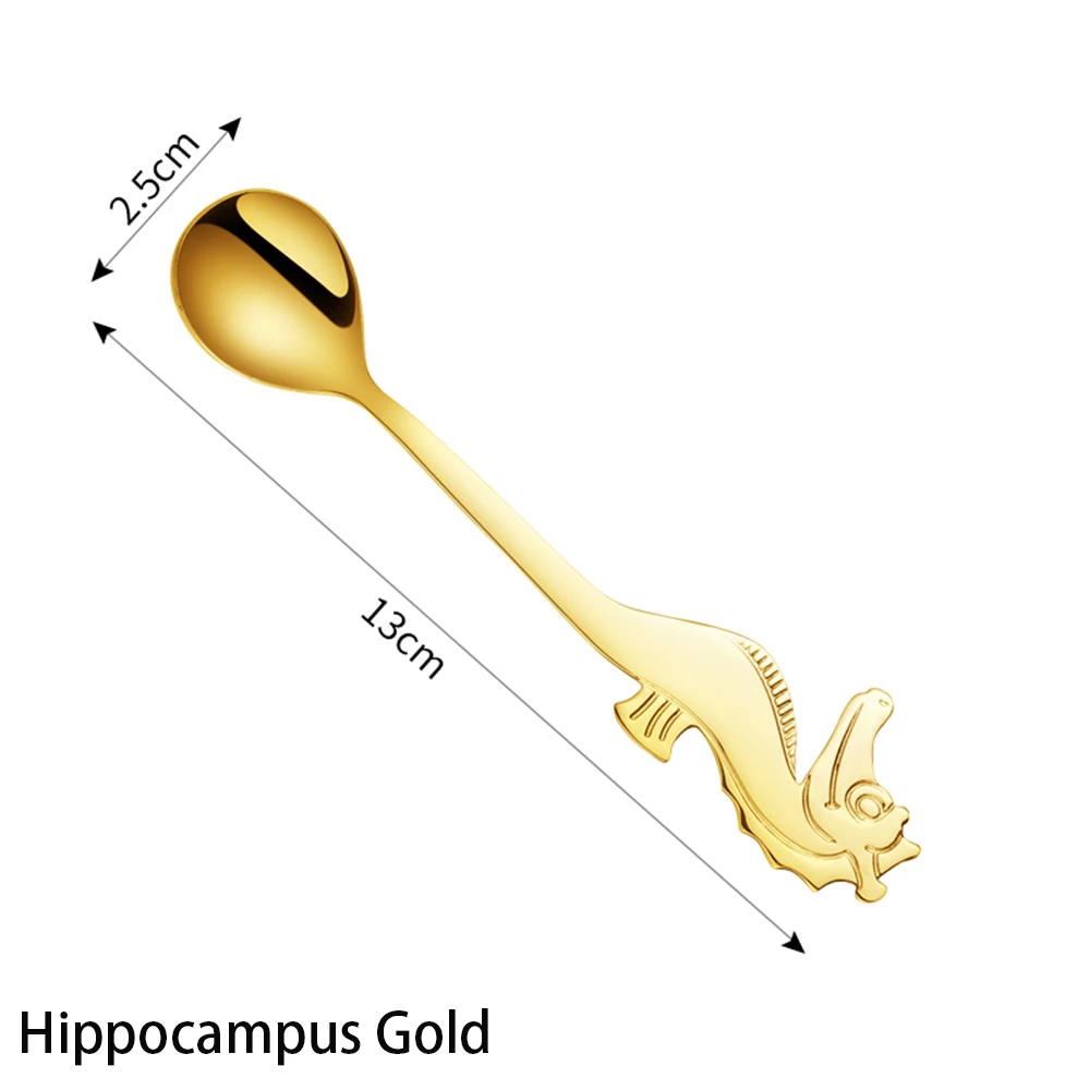 1 шт. рыбы Hippocampus Дельфин КИТ пуховая суповая из нержавеющей стали ложки китайский десерт чай кофе ложки столовые приборы Прямая поставка - Цвет: Hippocampus	Gold