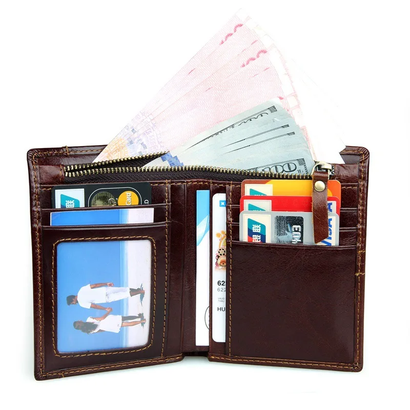 MJ Male Wallets Vintage Genuine Leather Bi-Fold Men's Wallet Card Holder Short Purse Coin Pocket ID Photo Window Wallet for Men (13)