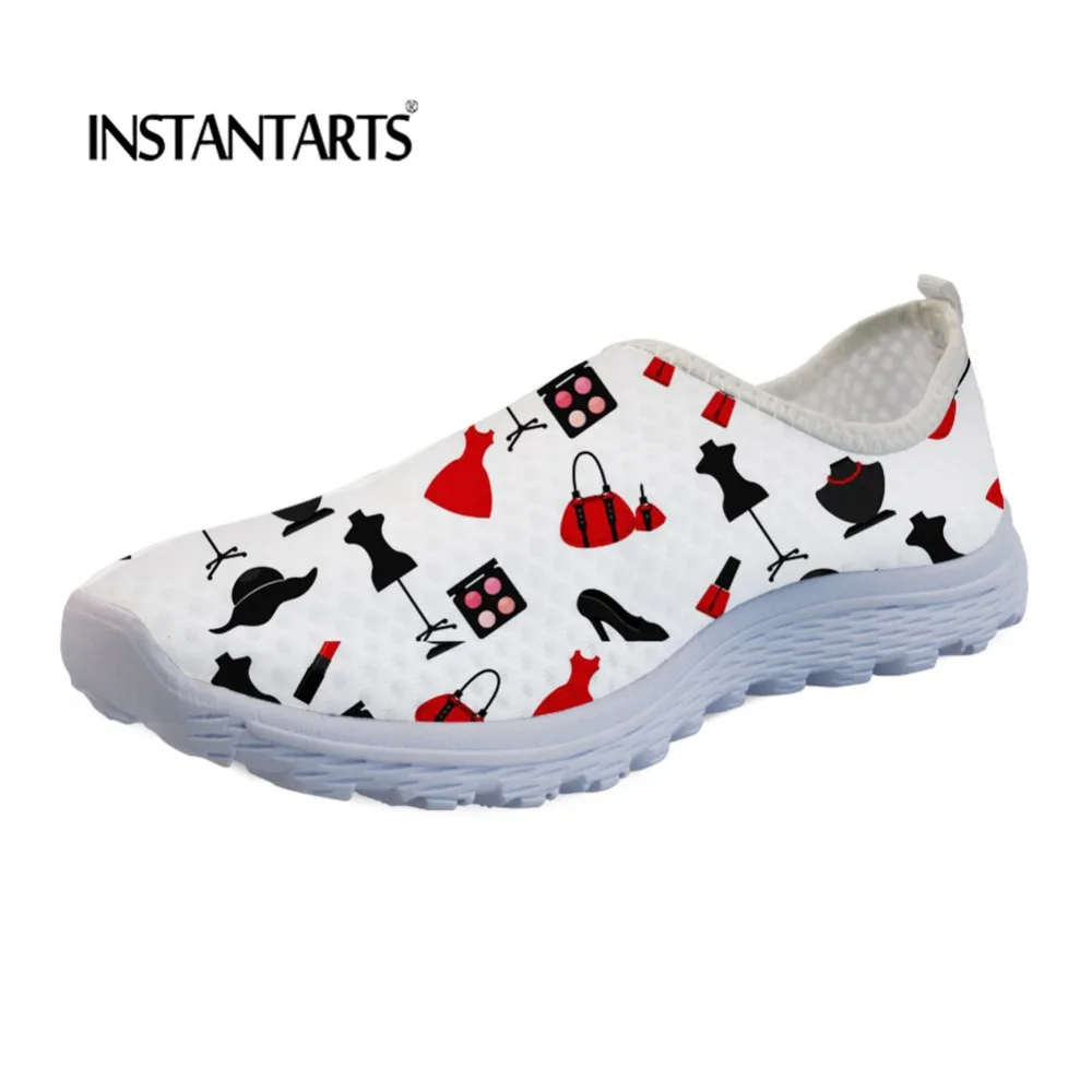 

INSTANTARTS Women's Mesh Sneakers Brand Design Girl Casual Shoes Lace Up Flat Shoe Cartoon Lady Shoes Bag Printing Walk Footwear