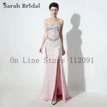 Luxury Crystal Sweetheart Mermaid Evening Dresses A-line Pink Lace Corset 2016 Sexy High Slit Formal Prom Gown vestidos de noche
