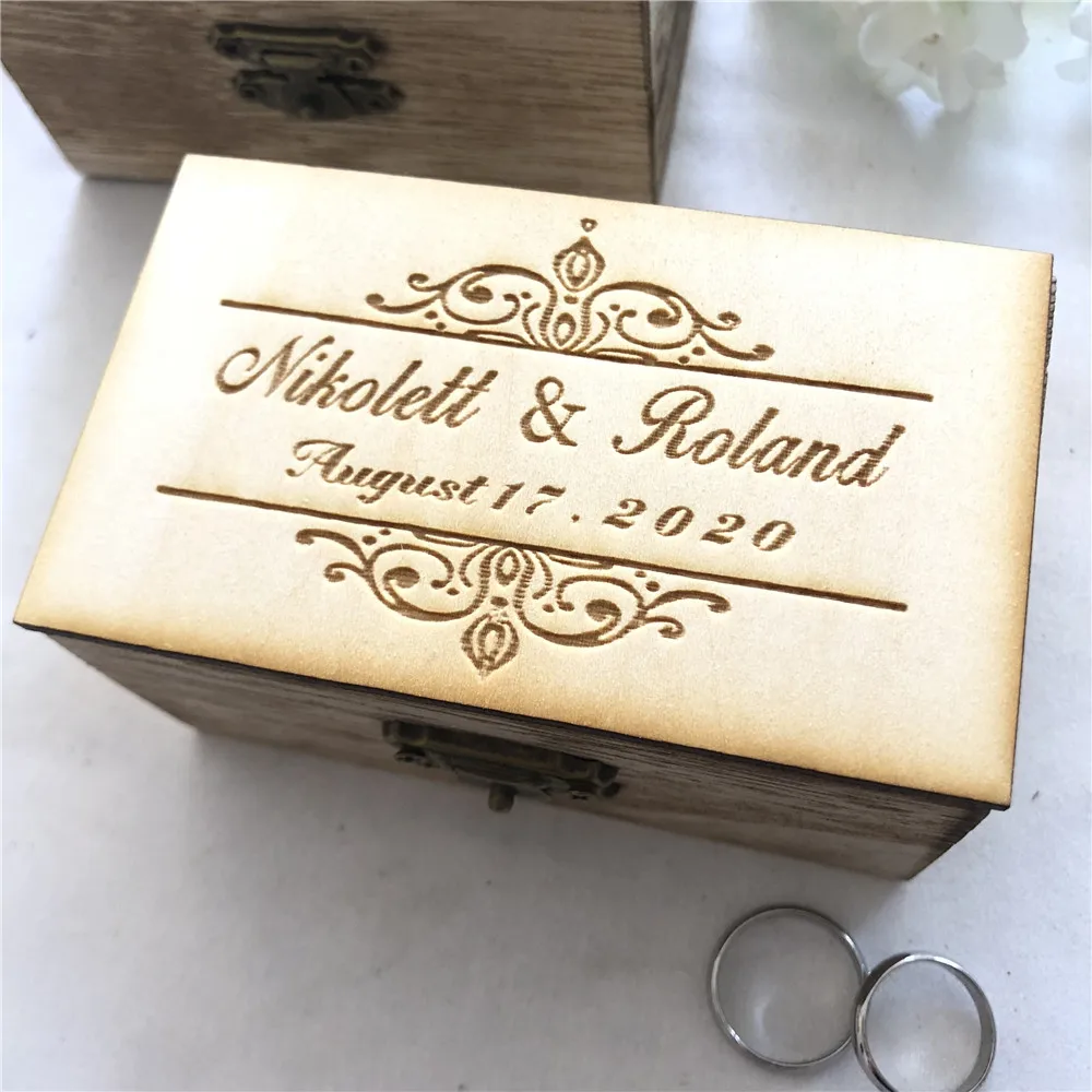 Ретро коробка для свадебных колец, Персонализированная Коробка для колец с именем жениха и невесты и датой, деревянная коробка для свадебных подарков