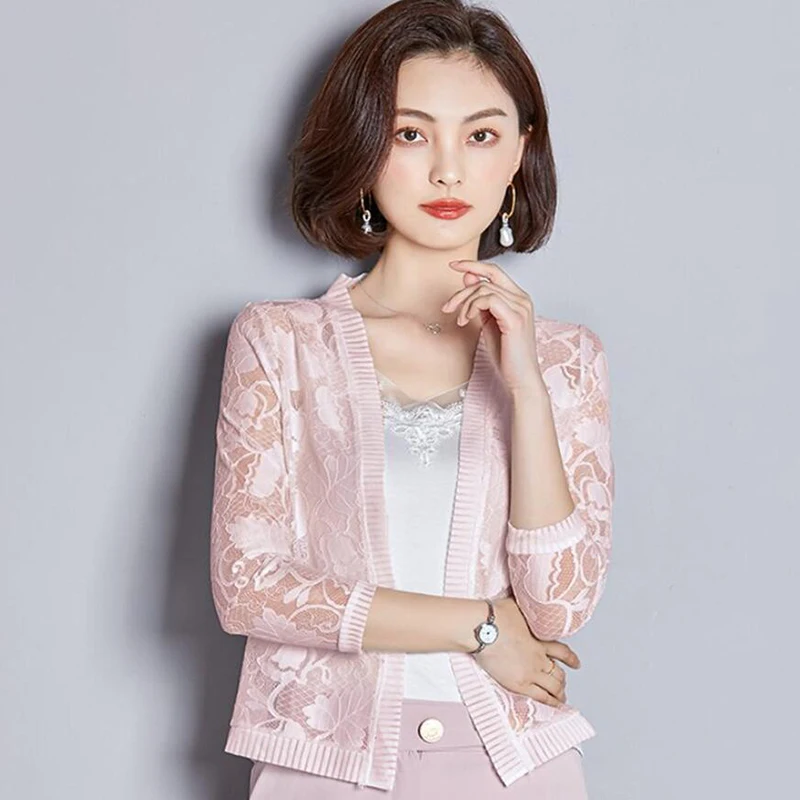 

Newest Hollow Out Lace Jacket Women 2019 Spring Summer Plus size Thin Vintage Three Quarter Sleeve Sunscreen Short Shawl Coat