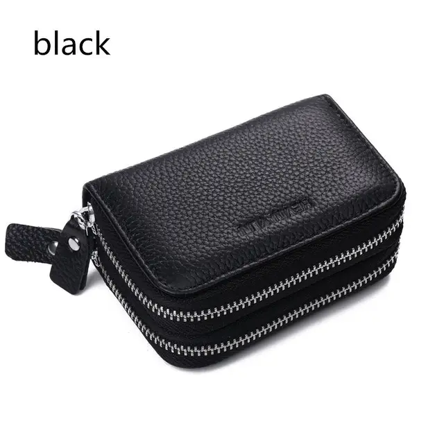 Fashion Women Card Holder Double Zipper Genuine Leather Wallet Credit Cards Case Bag black