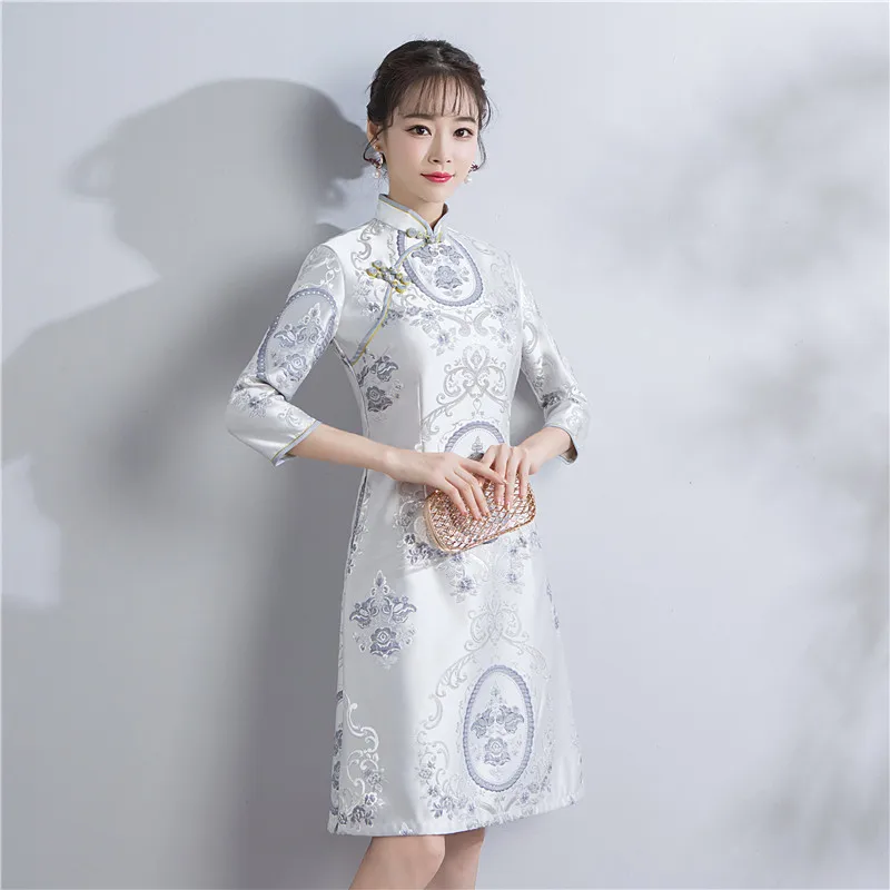 Шанхай история Половина рукава по колено атлас Cheongsam Qipao китайское традиционное платье Oriental платье для женщины