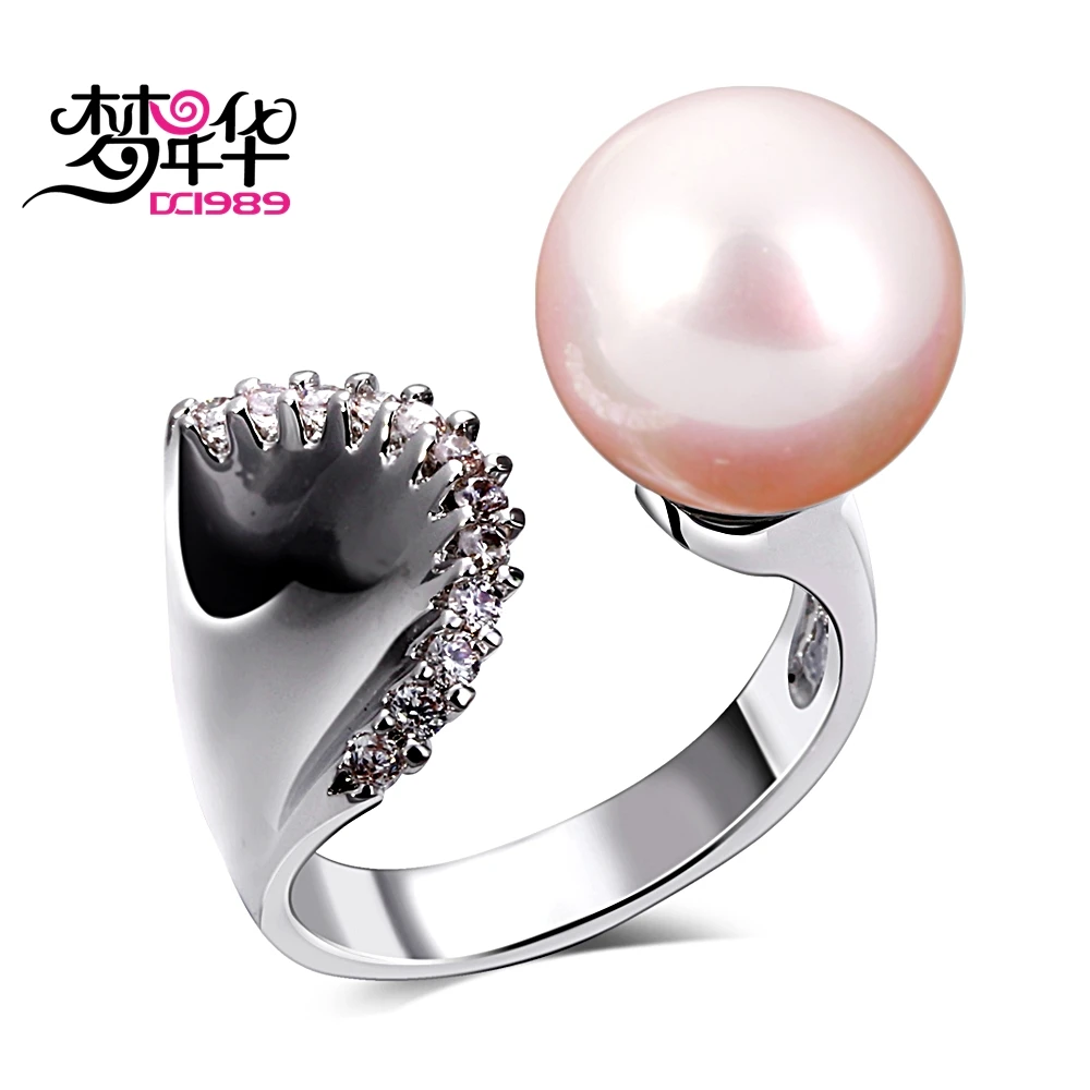 DC1989 Women Wedding Ring Mermaid Look 12 mm Synthetic Pearl 3 Colors CZ Paved Rhodium Color Femmes Anneaux Sizes 5 6 7 8 9 10