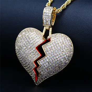 

Hip Hop Iced Out CZ Broken Heart Pendant Necklace For Women Men Gold Silver Color Cubic Zirconia Necklaces Chain Jewelry