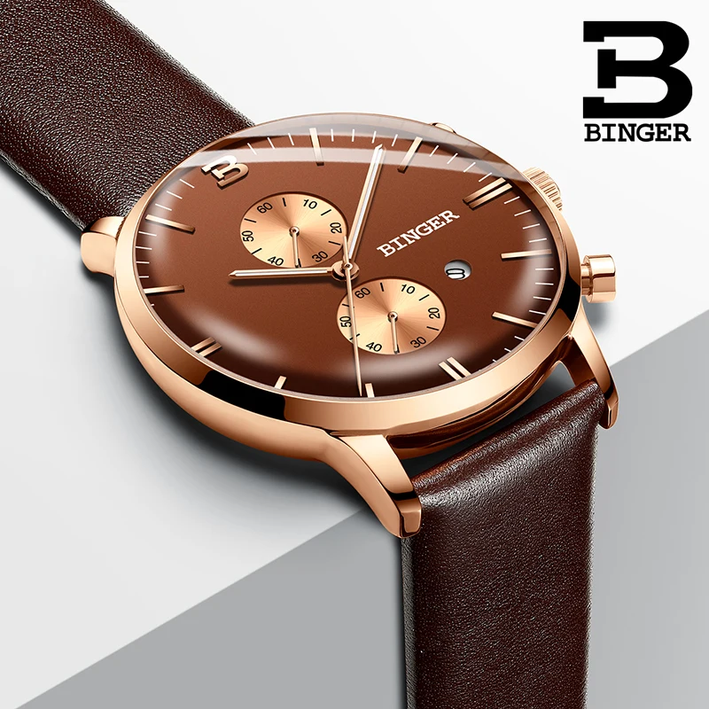 Часы мужские кварцевые с календарем и хронографом из натуральной кожи|Кварцевые