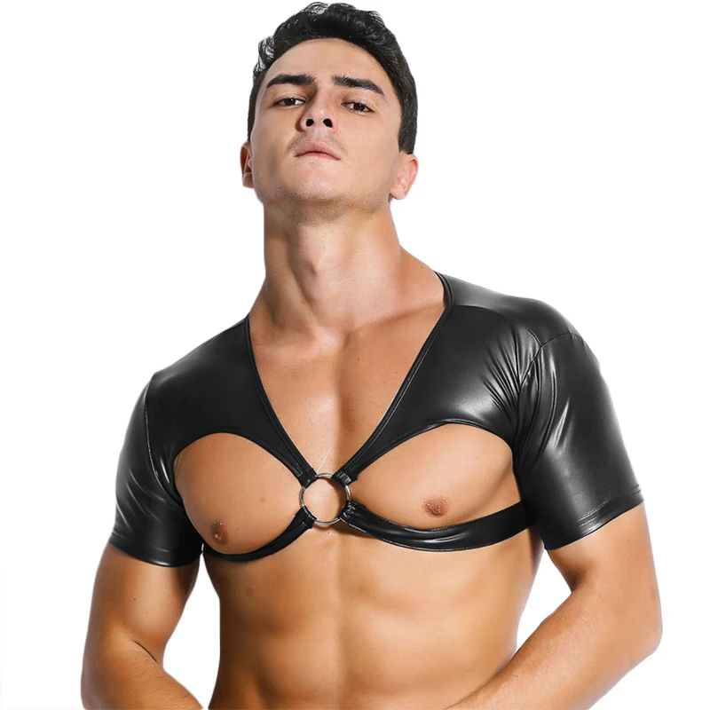 

Faux Leather V Neck Short Sleeves Open Chest Mens T-shirt Funny Sexy Fitness Tees Tops Catsuit Fetish Clubwear Sexy Lingeries