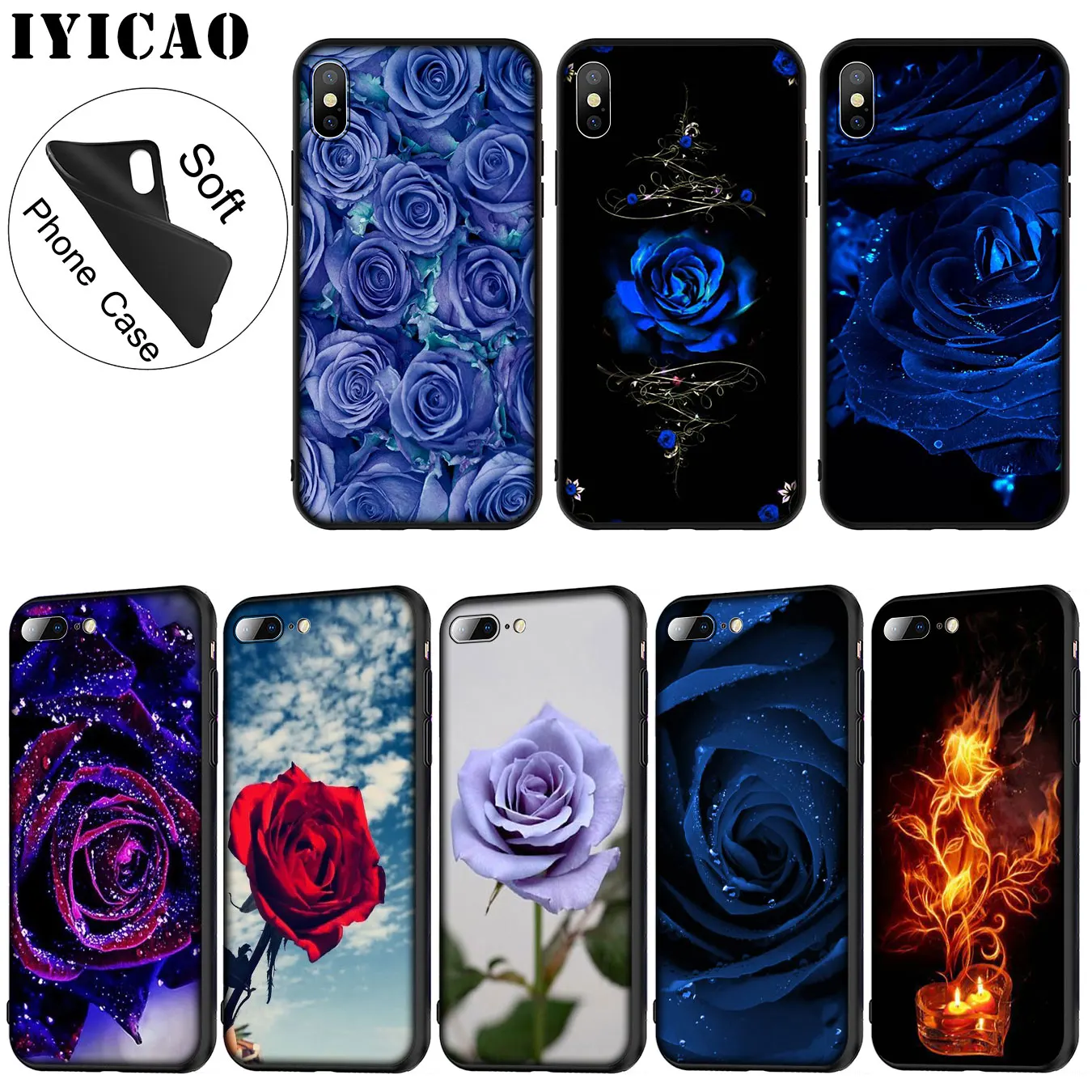 IYICAO Rose flower Soft Silicone Phone Case for iPhone XR X XS 11 Pro Max 6 6S 7 8 Plus 5 5S SE 10 TPU Black Cover |