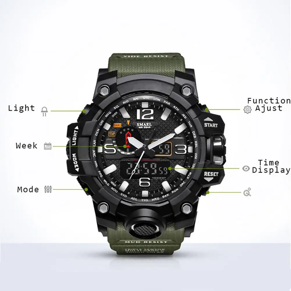 الرجال المألوف متعددة الوظائف طالب الساعات الإلكترونية الرياضة في الهواء الطلق ثنائي عرض ساعة رقمية ضد الماء مضيئة ووتش