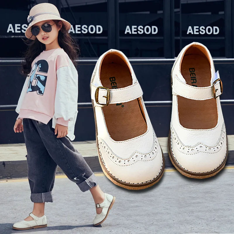 Spring Cowhide Girls Leather Shoes Genuine Leather Mary Jane Baby Shoes Fashion Kids Flats Children Casual