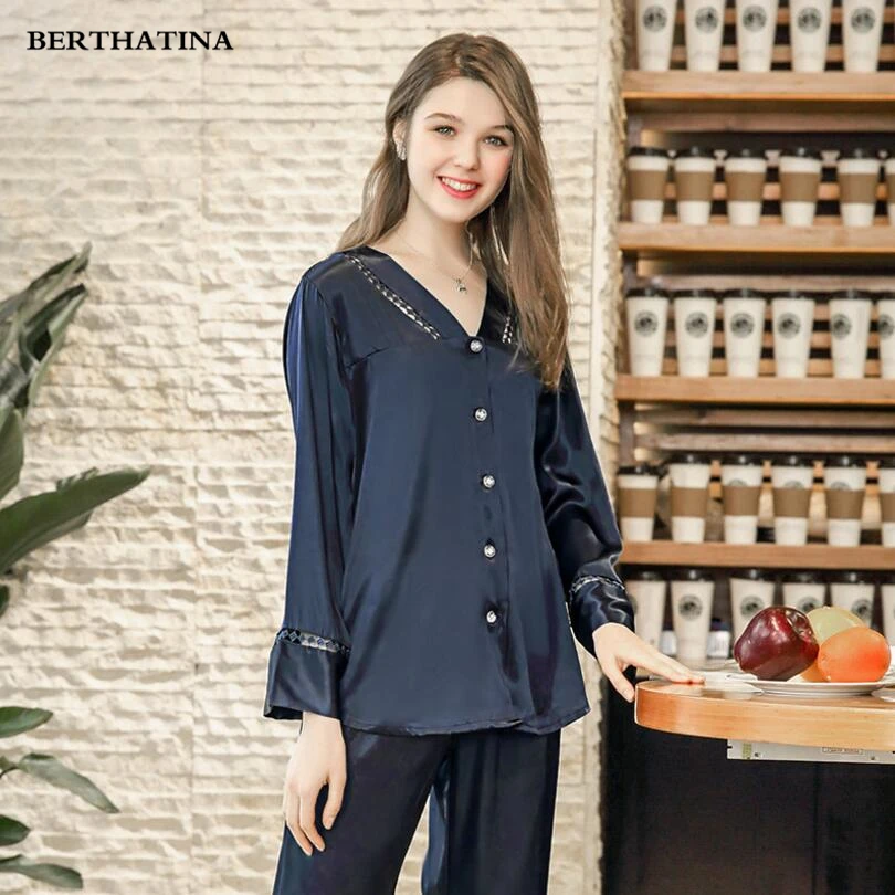 

BERTHATINA Ladies Button Top Faux Silk Pajamas Set Two Piece Long Sleeved Striped Pajamas Pyjama V-Neck Fashion Women Colthing