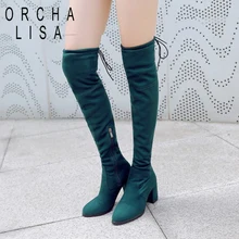 ORCHA LISA/большие размеры 33-48, женская обувь сапоги до колена на блочном каблуке женские сапоги на молнии на высоком каблуке высокие сапоги с острым носком тонкие женские сапоги
