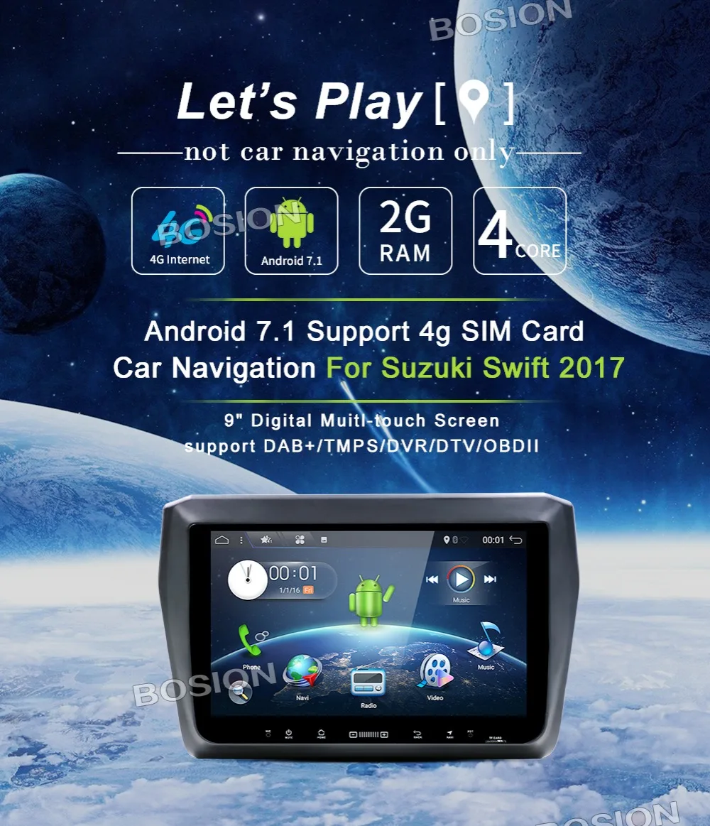 Top Bosion autoradio Android 7.1 2GB ram+16GB rom car radio player for 2017 suzuki swift auto multimedia gps stereo tape recorder BT 5