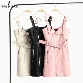 

Pinky Is Black Fashion PU leather dress women V neck mini sexy dress Christmas sash zipper winter short dress sundress vestidos
