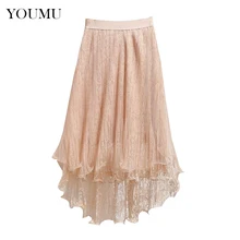 Для женщин сетки кружева юбка Тюль Цветочные оборками летние пляжные Sheer Туту Асимметричная весна кружевной юбки 906-A045