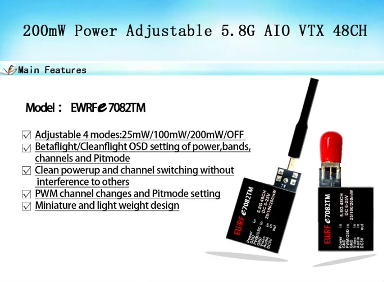 EWRF e7082TM 5,8 Г локоть передатчик 48CH 25/100/200 мВт PitMmode переключаемый передатчик 5 в BEC поддержка PWM/OSD Настройка FPV Par
