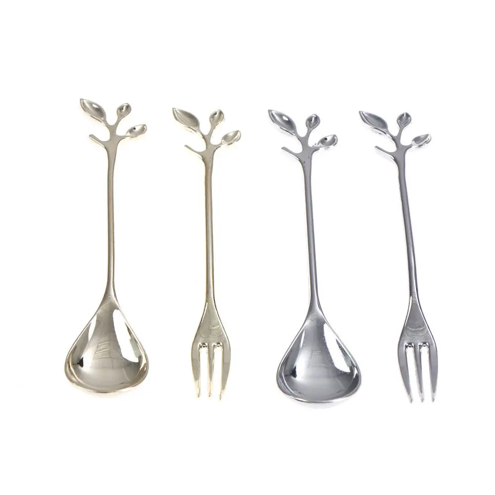 

12cm Tea Stirring Kitchen Bar Cutlery Gifts Sweet Snack Dinnerware Alloy Leaves Handle Coffee Fork set