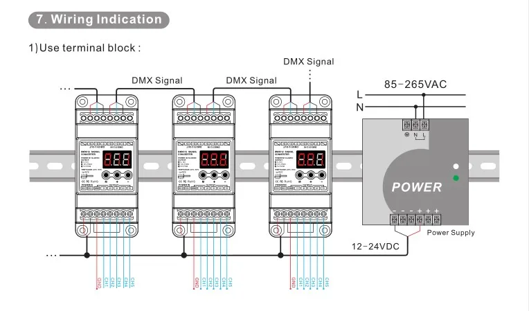 DMX512 преобразователь сигнала; DMX512 входного сигнала; 5CH 0-10 В сигнал/5CH ШИМ 10 В выход; с RJ45 разъем (BC-835-010V-DIN-RJ45)