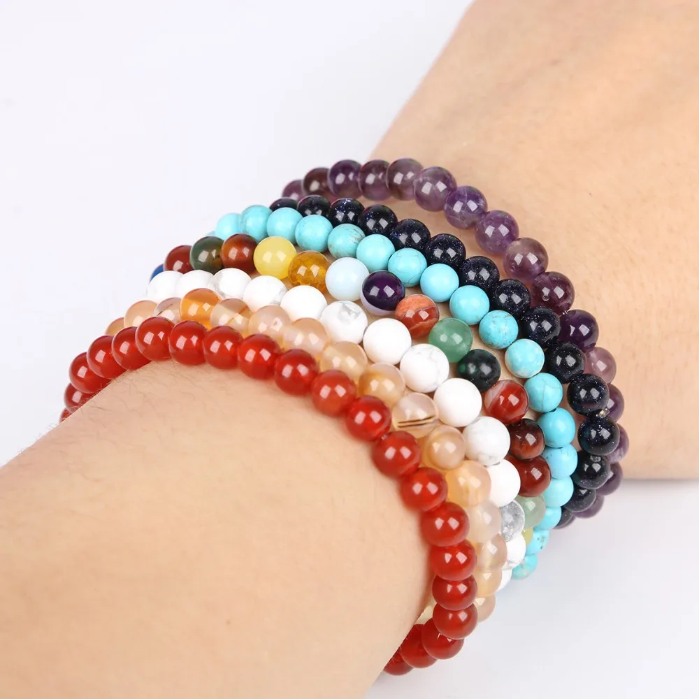 6mm Natural Stone Beaded Bracelets For Women Men Round Tiger Eye Buddha