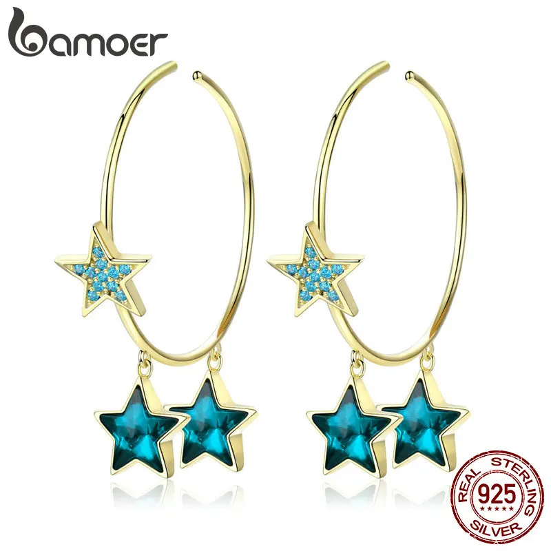 Bamoer Кристальные голубые серьги-кольца со звездами для женщин, тайные звезды, золотой цвет, корейская мода, ювелирное изделие, серебро 925, металл, SCE689