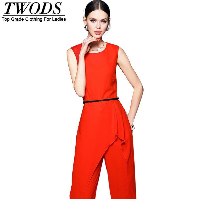 Twods S M L Black / Red Women Rompers 2016 Fashion Designer Ladies Long Pants Jumpsuit Belted