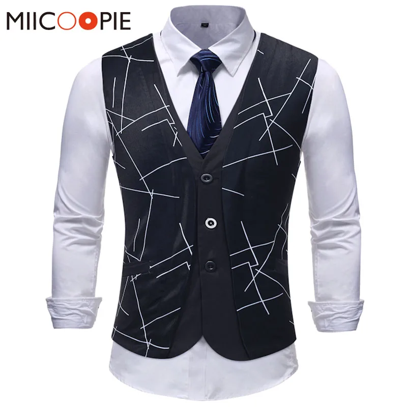 

Mens Suit Vest 2018 Sleeveless Line esign Fake Two Piece Waistcoat Slim Fit Business Wedding Colete Masculino Social Blazer