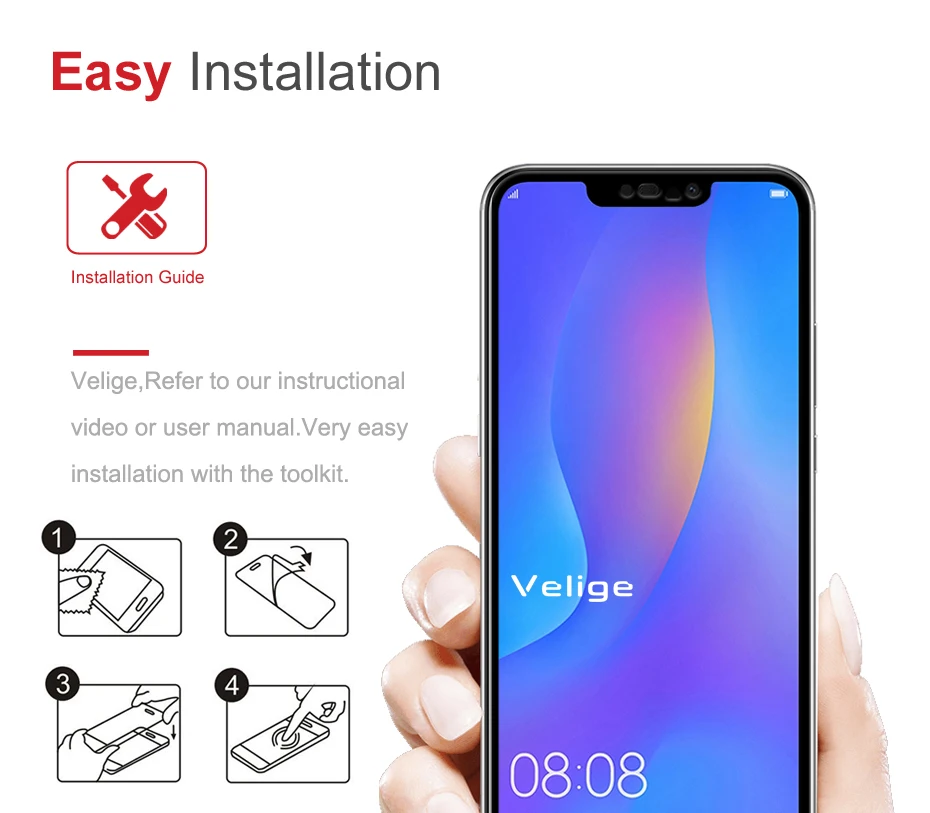 2 Pack Velige Screen Protector For Huawei Nova 3 3i Nova3 i Tempered Glass Full Cover 9H HD Clarity Safety Glass Film (2)