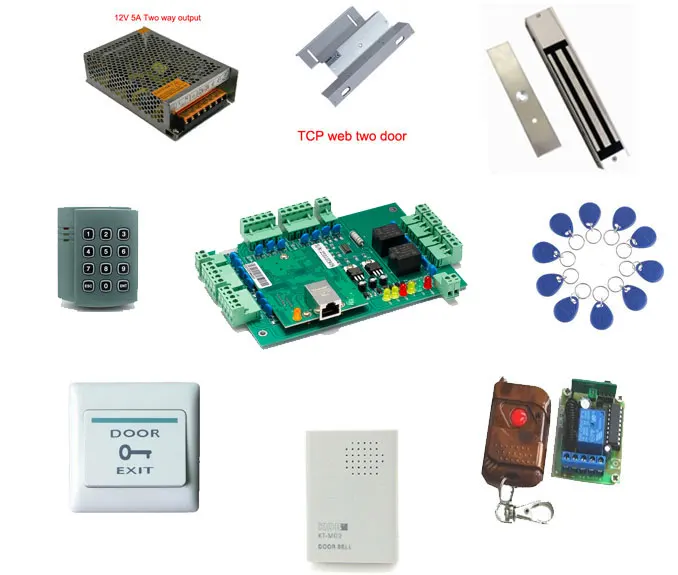 

Access control kit,web two door TCP/IP+reader+power+magnetic lock +remote control+ZL +exit button +bell+10 em tags,sn:web-204