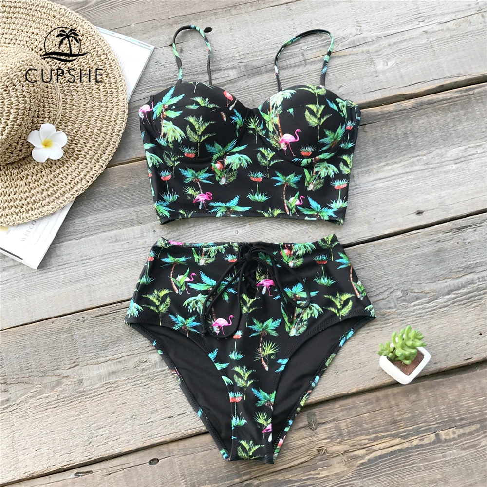 Prix Ensembles de Bikini à imprimé palmiers et flamants verts CUPSHE 2019 femmes Sexy Push Up taille haute à lacets maillots de bain en deux pièces