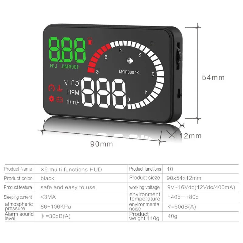 

X6 3" Hud OBD2 Head Up Display OBD Car Speedometer OBD2 Speedo Over Speed Voltage Alarm Windshield Projector OBDii Plug New