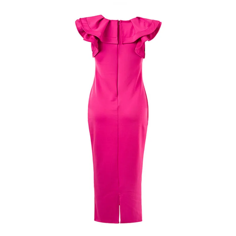 Women Fashion Formal Party Wear Dress Black Rose Carmine Solid Tight Fitting Ruffle Neckline Design Mid-Calf Wrapped Vestidos (8)