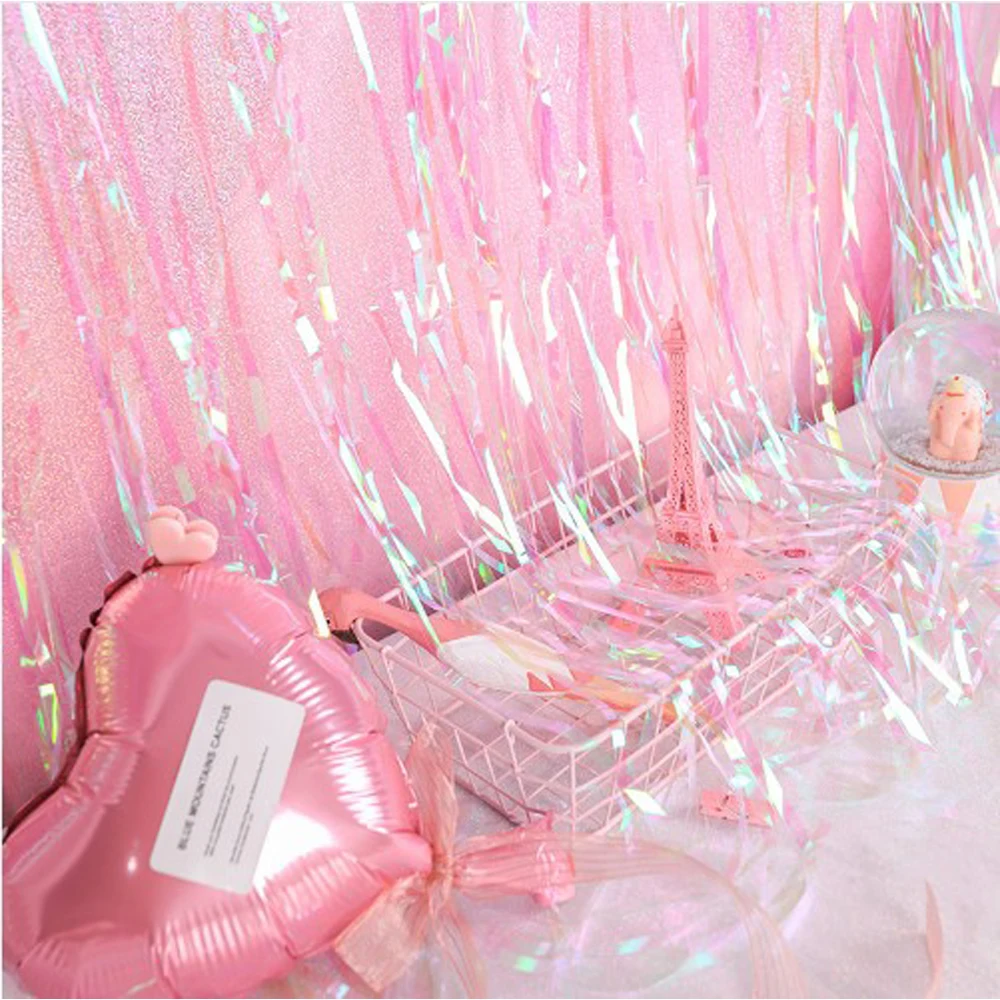 2m/3m Iridescent Metallic Foil Fringe Curtain Rainbow Tinsel Shimmer Fringe Curtain Wedding