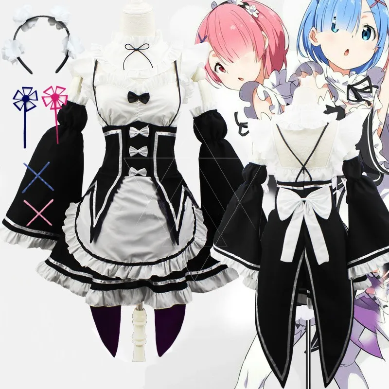 

Re Zero Ram/Rem Cosplay Re:Life In a Different World From Zero Rem Ram Cosplay Costumes Wig Set Maid Servant Dress