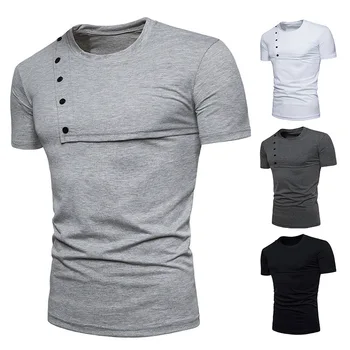 

Fashion Tshirts Men Casual Cotton Tops Button Round Neck Short Sleeve Sleeves Slim T-shirt Mens Clothing 4 Colour