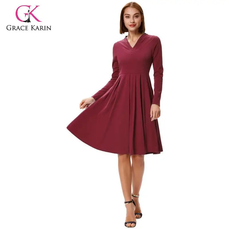 

Grace Karin Women's Solid Color Long Sleeve V-Neck Pleated A-Line Dress zipper left side knee length