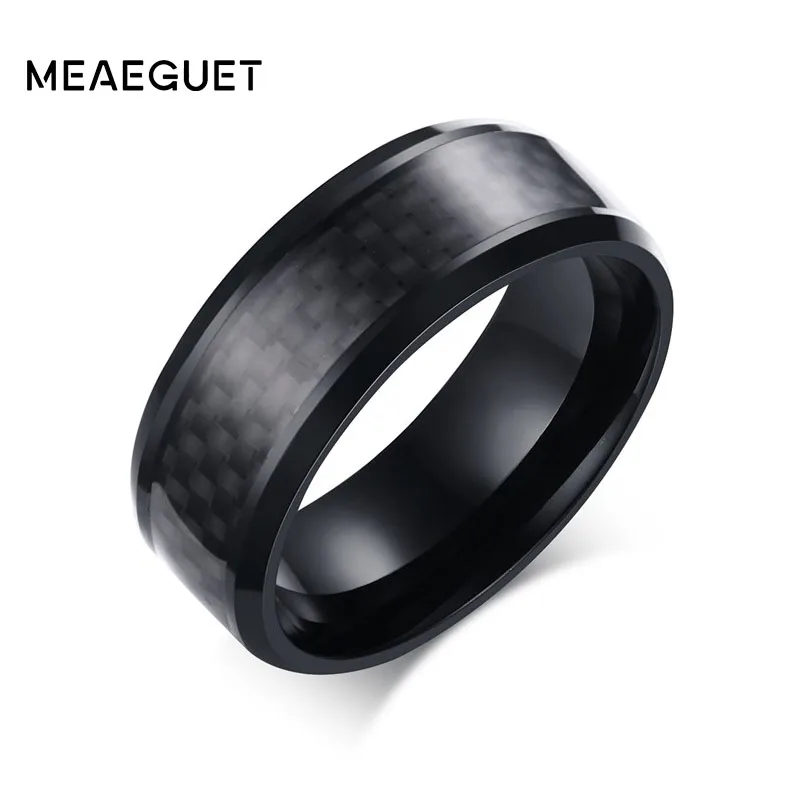 

Meaeguet Stainless Steel Rings Black Carbon Fiber Inlaid Engagement Wedding Men's Rings Fashion Jewelry 8mm Wide