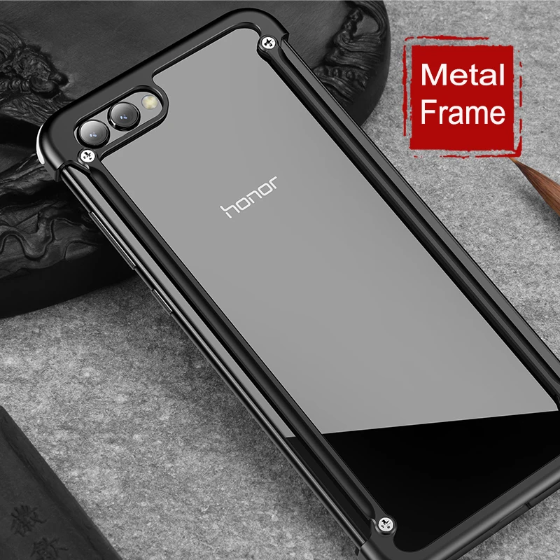 

OATSBASF Airbag Metal Case For huawei honor V 10 Case Personality Shell Metal Bumper cover with Gift Glass Film