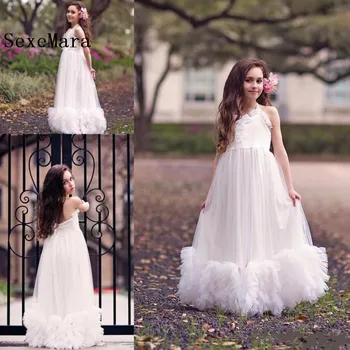 

Princess White Flower Girls Dresses For Weddings A Line Cloud Ruffles First Communion Dress Ankle Length Kids Pageant Gown