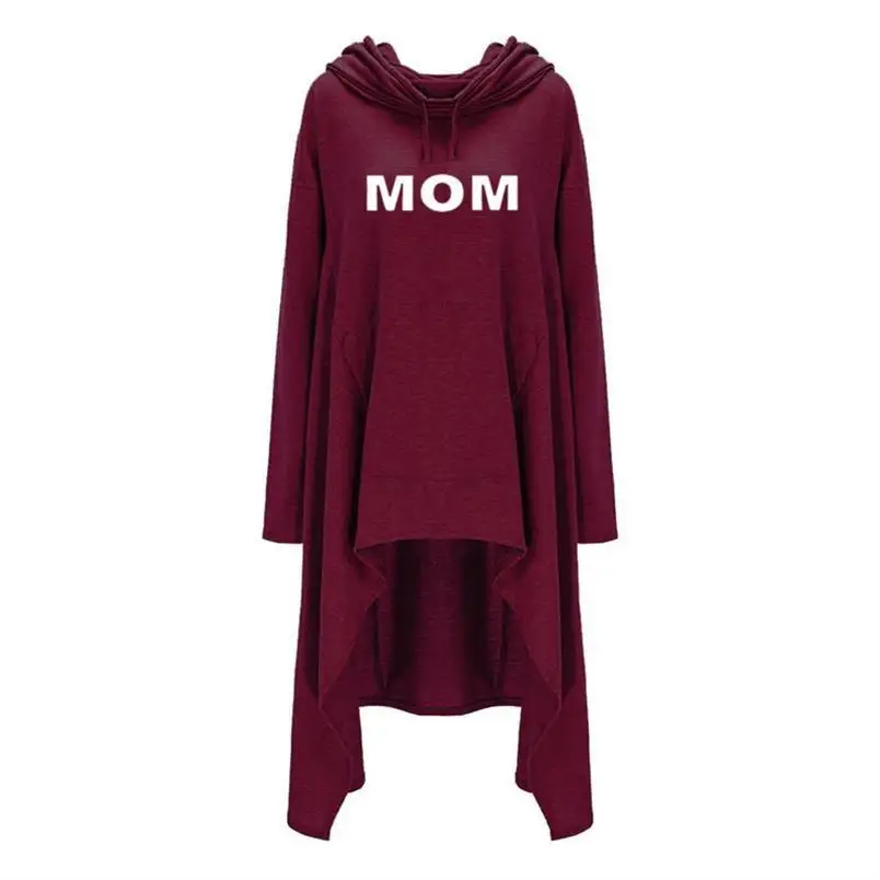 Long Irregular  Hoodies For Women MOM Letters Print Tops Sweatshirts Femmes Hoodies Women Print Casual Loose Cotton Street Thick