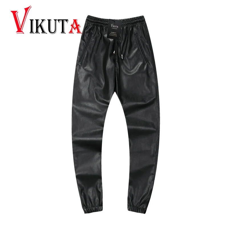 Vikuta 2017 mens PU leather casual pants men Faux Leather sweatpants