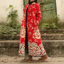 National Wind Women Loose Plus Size Vintage Chinese Style Clouds and Dragons Print Cotton Linen Long Maxi Trench Coat