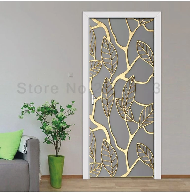 Creative 3D Golden Leaves Door Sticker DIY Home Decor Decal Self Adhesive Wallpaper Waterproof Mural For Bedroom Door Renovation