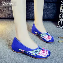 Veowalk нос носок для женщин вышивка цветами парусиновые балетки на плоской подошве весенние женские Повседневные слипоны Приятная хлопковая ткань обувь
