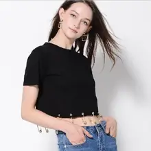 Новые летние пикантные открытым пупком короткая футболка Футболки для девочек с металлической Булавки Женский О-образным вырезом короткий рукав; короткая футболка Топы корректирующие