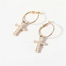 Модные серьги-кольца с искусственным жемчугом, золотые серьги с крестом для женщин, винтажные модные ювелирные изделия Brincos, подарки