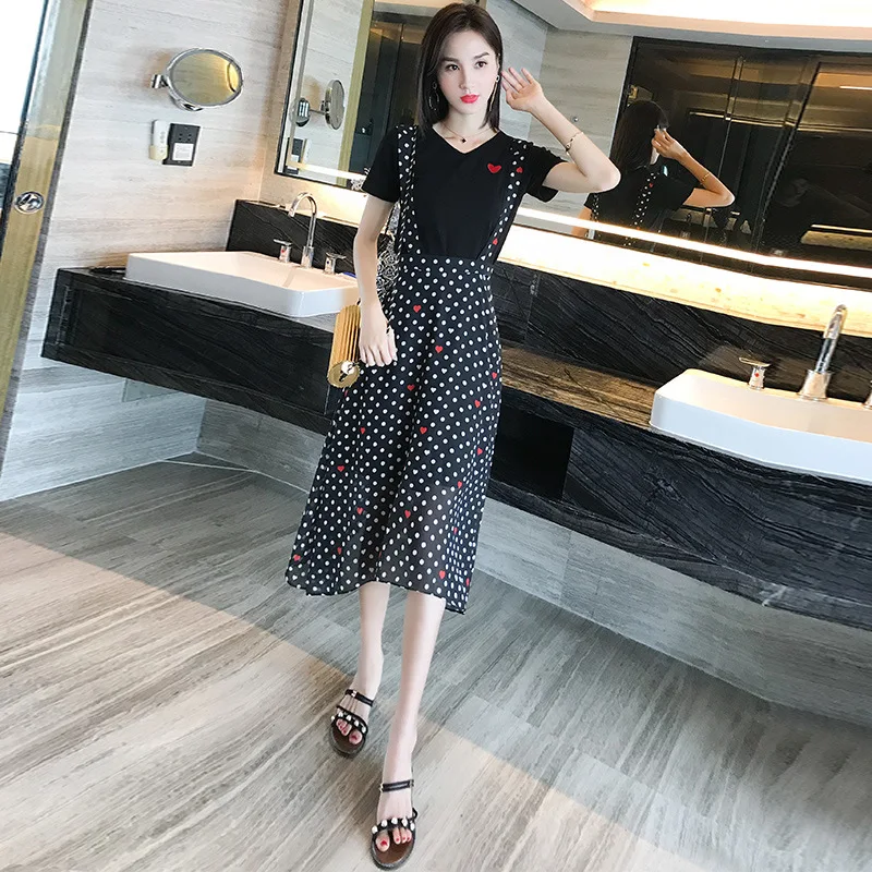 2019 Small polka dot strap dress two-piece 2019 summer Korean version of the slim chiffon suit women's clothing dress