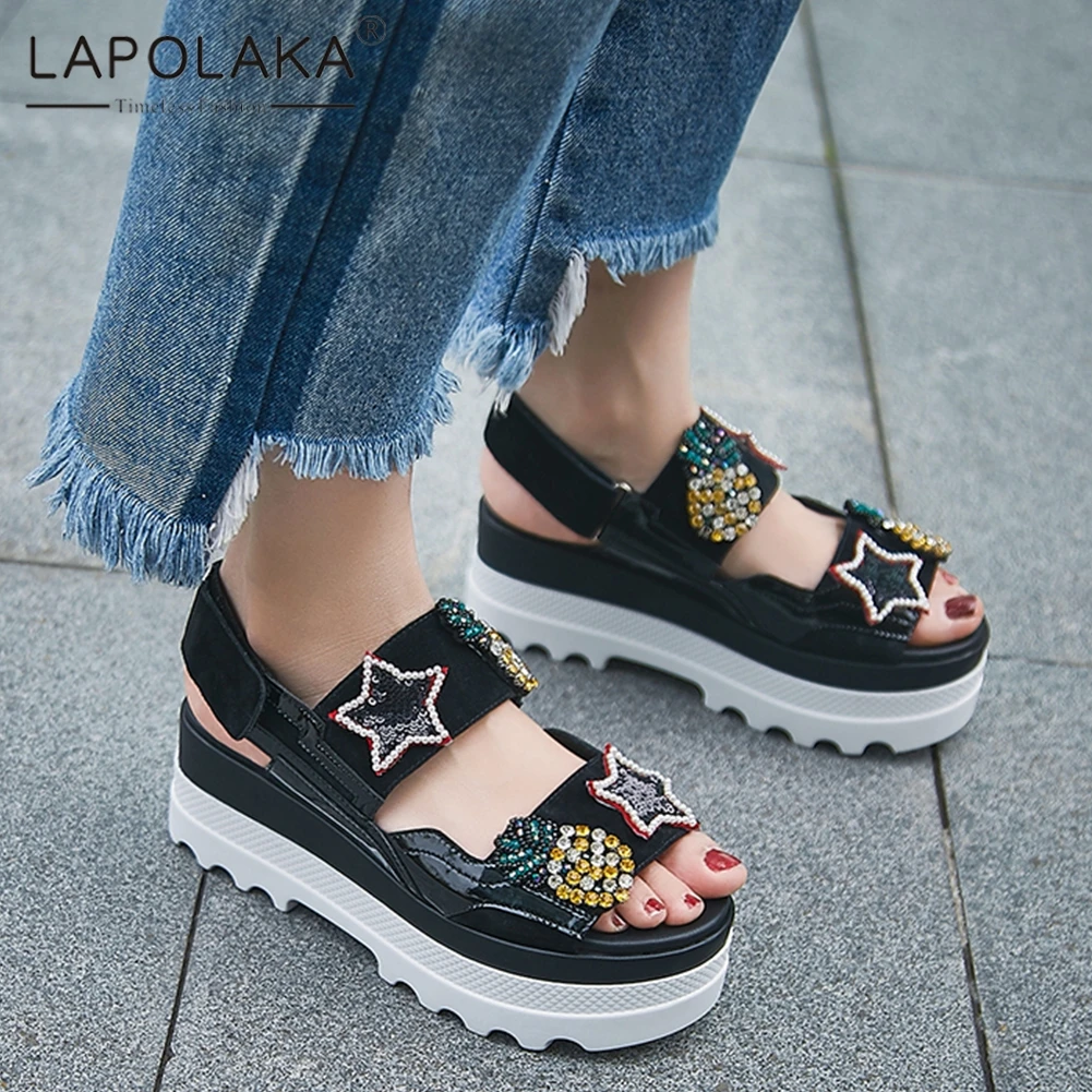 

Lapolaka Brand New Fashion INS Hot Craystals Kid Suede Sadanls Woman Flat Platform Sandals Ladies High Heels Women Shoes Woman