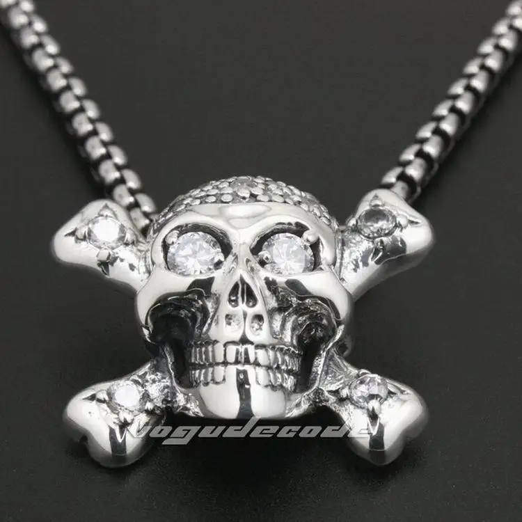 

925 Sterling Silver White CZ Skull Bone Mens Biker Rocker Pendant 8N013(Necklace 24inch)