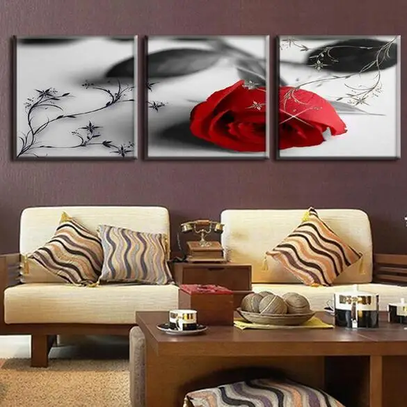 4068 3 Pcsensemble Fleur En Gris Rouge Rose Combiné Peinture à Lhuile Sur Toile Moderne Mur Peintures Mur Photos Pour Le Salon Dans Peinture Et